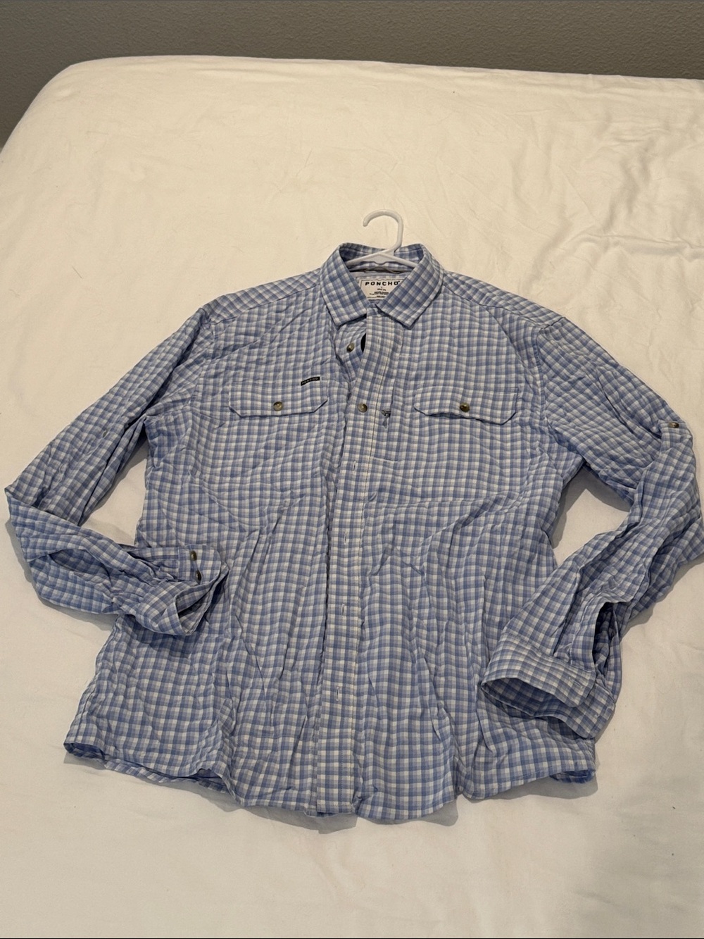 Poncho Light Blue Plaid Men's Casual Button-Down Shirt
